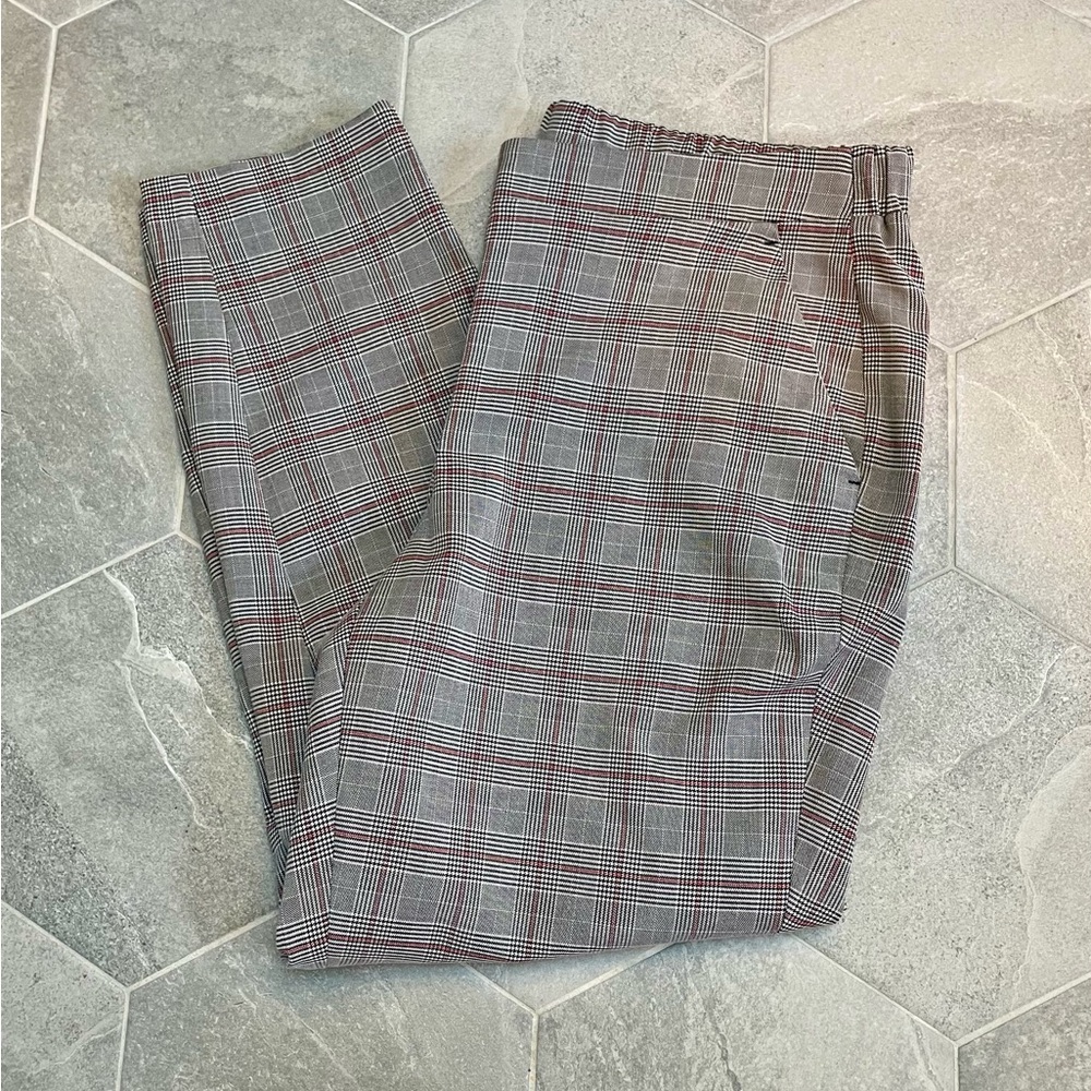 Nine West Houndstooth Plaid Pull On Tapered Career Pants Gray Red Black Size Lg